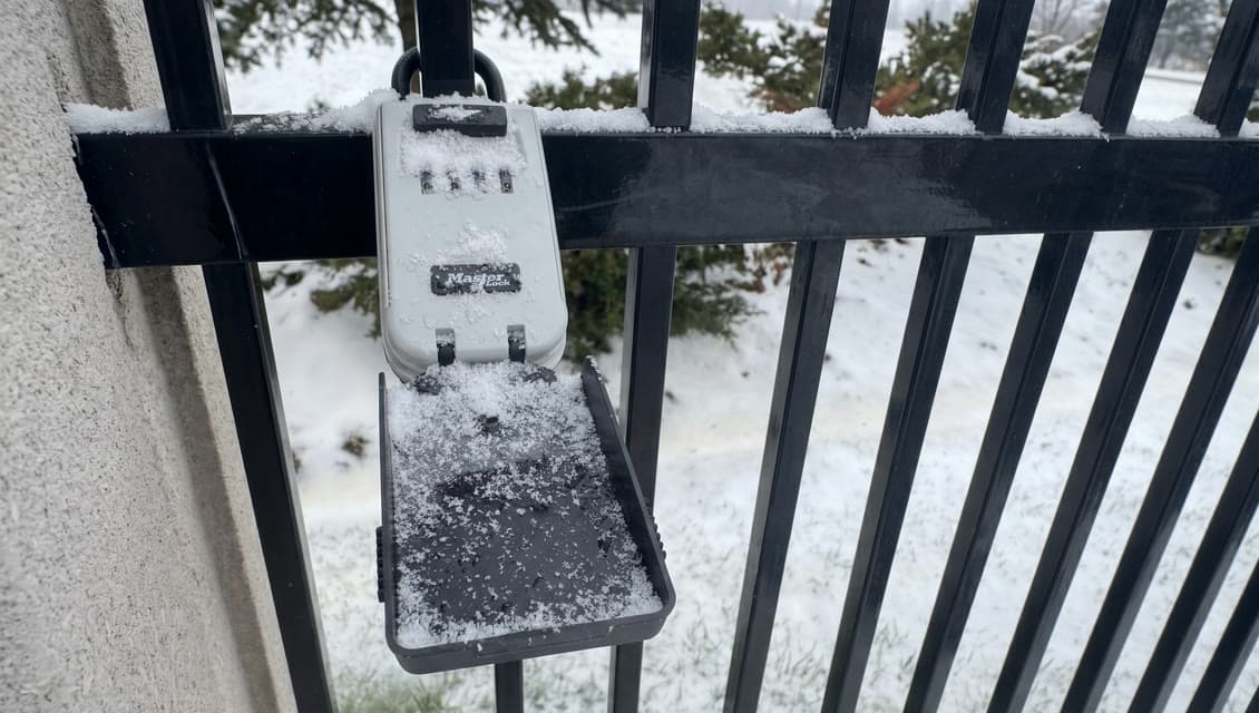 A key lockbox padlocked to a fence in winter, its dials and open lid packed with snow