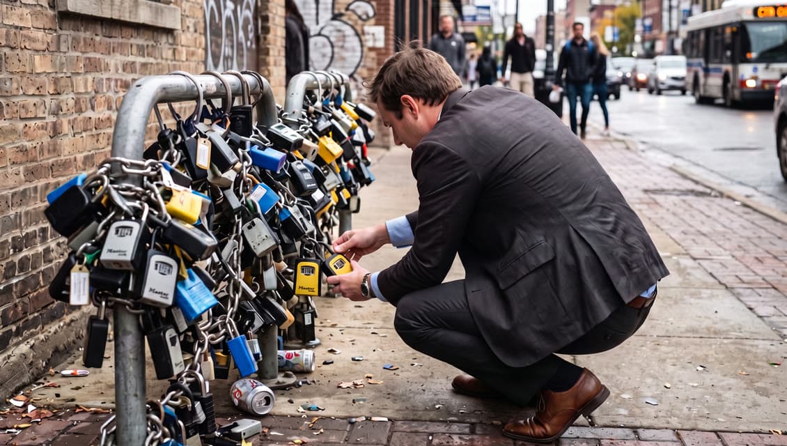 An agent crouching on a city sidewalk, searching a bike rack chained with dozens of lockboxes