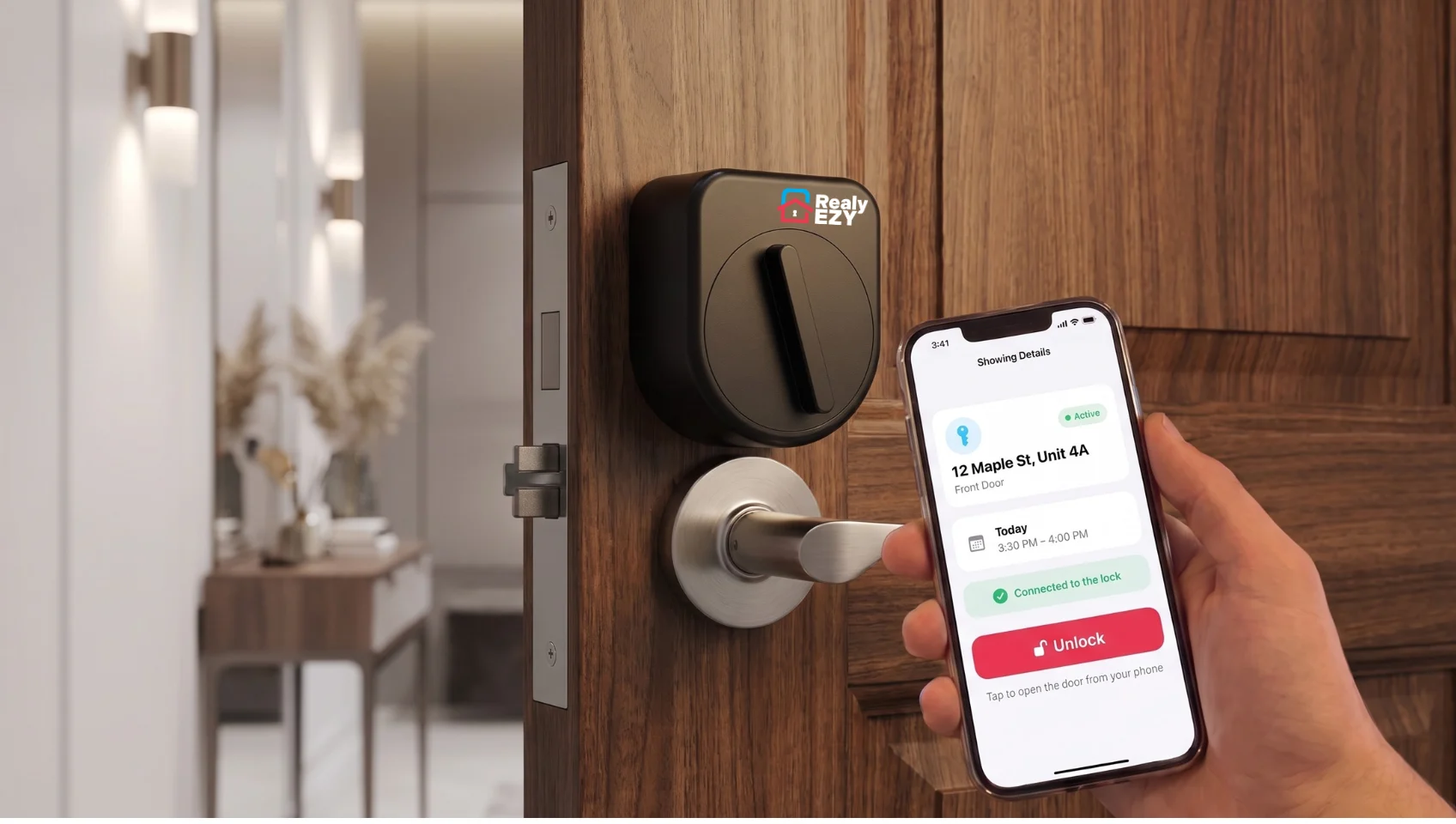 An agent at an open front door tapping Unlock in the Realy EZY app, with the smart lock fitted above the handle