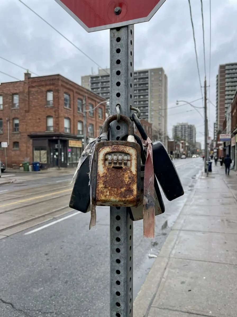 A rusted key lockbox chained to a railing on a city street