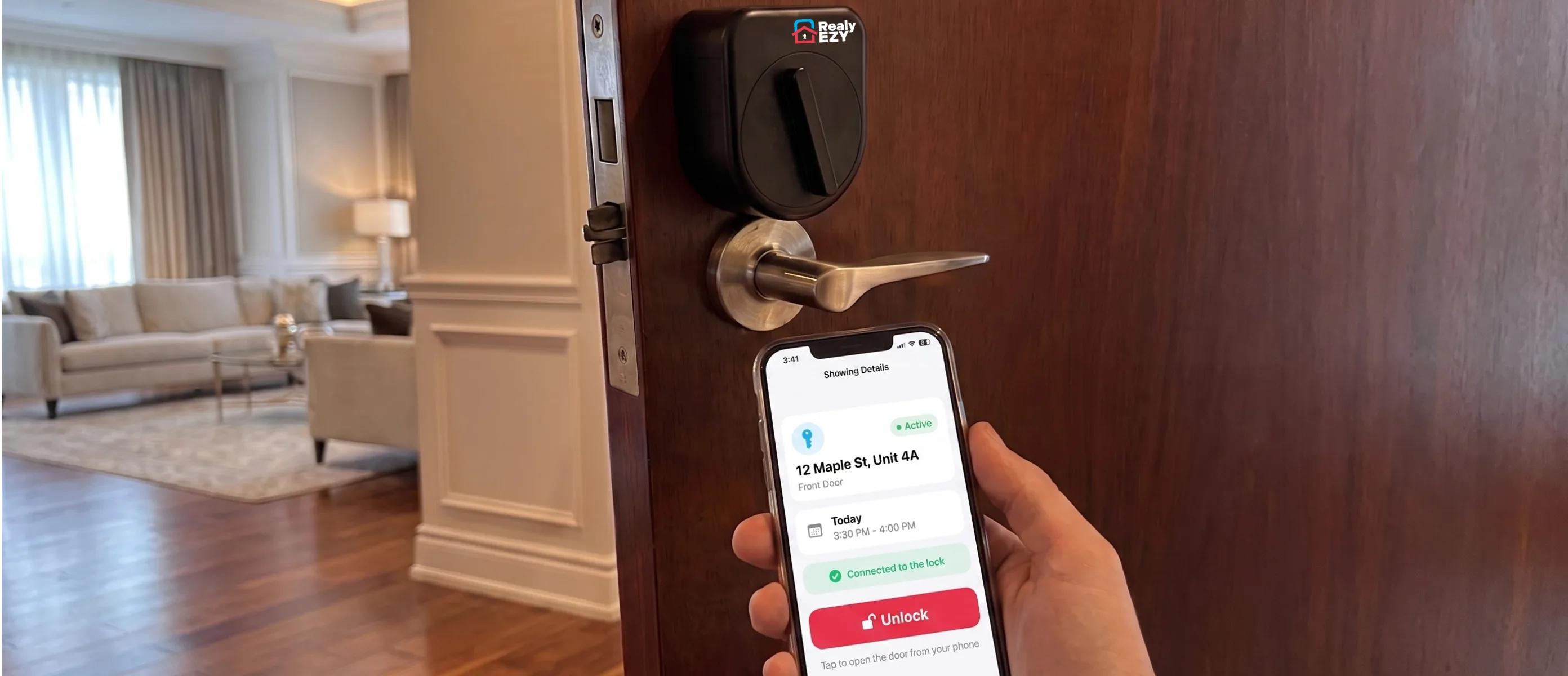 A hand holding the Realy EZY app at an open front door, showing the showing details and the Unlock button, with the smart lock fitted above the handle